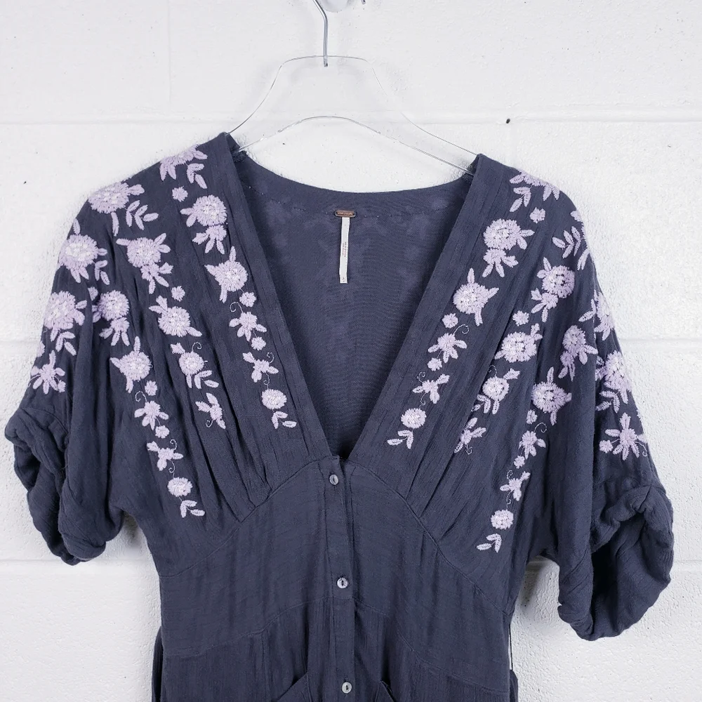 FREE PEOPLE Love to Love You Gray Embroidered Boho Floral Button‎ Midi Dress SM